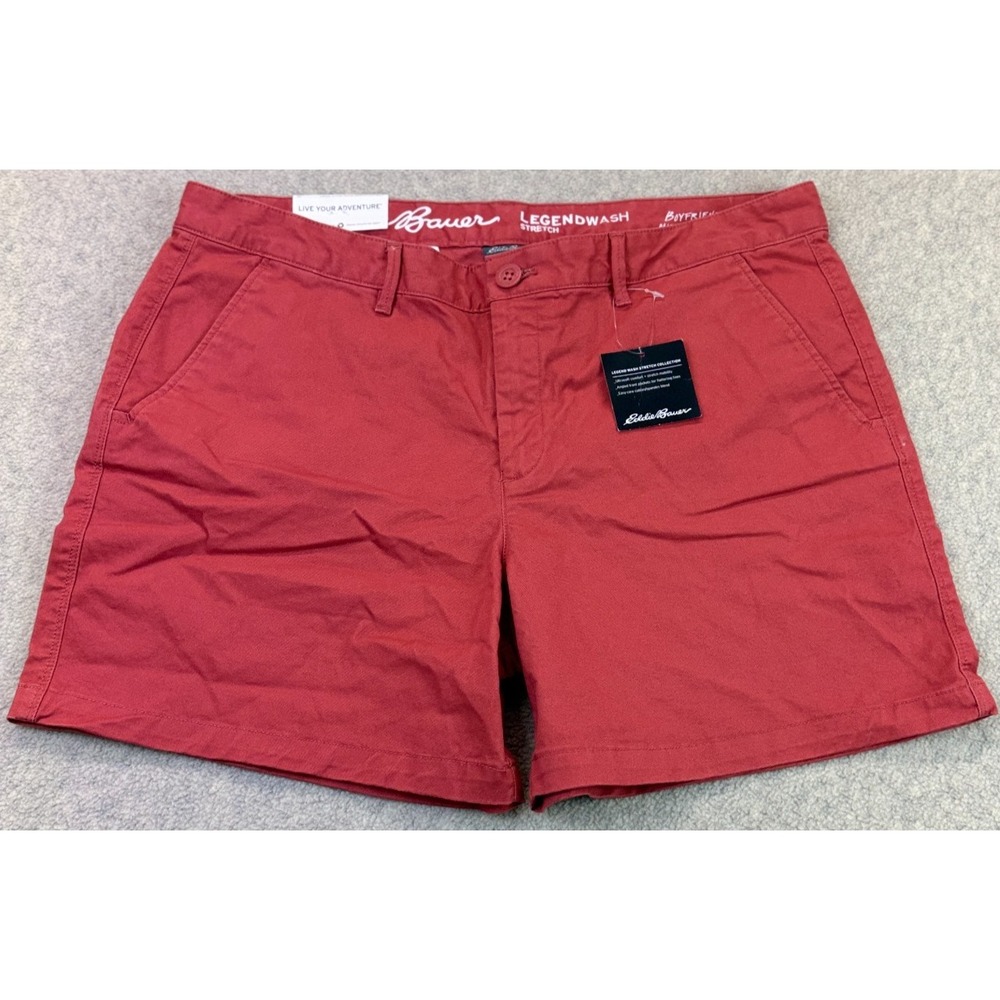 NWT Eddie Bauer Womens Boyfriend Shorts Red Legendwash Stretch Mid Rise 12